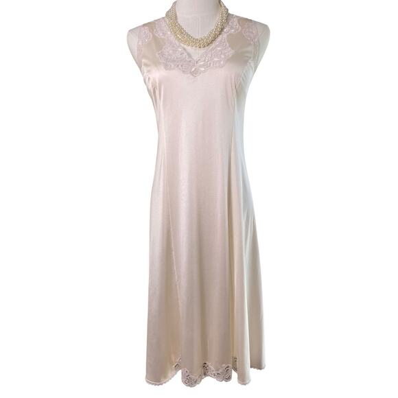 Vintage 60s FRENCH Artel Beige Nylon Lace Trim Wide Strap Full Slip Dress Size M - Picture 4 of 12